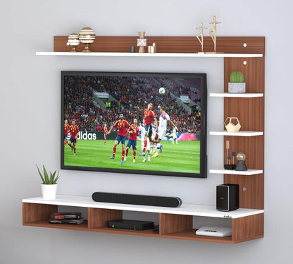 Wall-Mounted TV Top Unit, 130cm Floating Entertainment Shelf in a Two-Tone Walnut and White Finish, ManufacturedWood Media Shelf for a Contemporary Living Room Setup