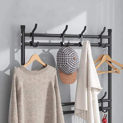 Entryway 5 Tier Coat Rack,3-in-1 Hall Tree Shoe Bench with Coat Hat Umbrella Rack,Storage Shelves with 8 Hooks, Multifunctional Hallway Organizer (80cm, Black)