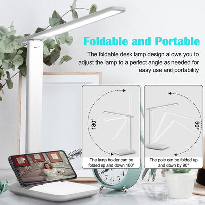 Xkimos LED Table Lamp, Touch Eye Protection Reading Desk Lamp, Charge And Plug Available, 3 Levels Color Temperature, Natural Light Anti-Blue Light No Flicker,Suitable For Office, Dorm,Study (White)