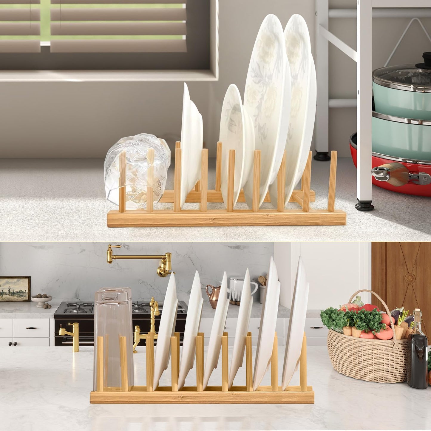 HarttiHome Bamboo Wooden Plate Racks Plate Stand Holder Vertical Drainer Kitchen Cabinet Organiser for Dishes, Pots, Lids, Bowls, Cups, Chopping Board, Kitchen Cabinet Organiser