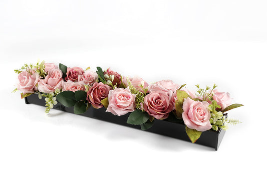 Rectangular Floral Centerpiece, 60 cm Black Acrylic Low-Laying Vase with LED Base for Dining Table, Modern Flower Arrangement for Home Decor or Weddings, Unique Design - Black