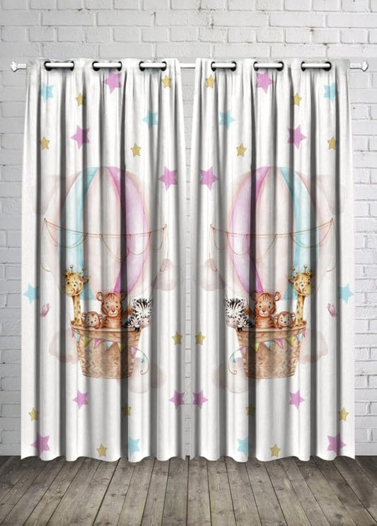 Kids Room Balloons and Safari Animals Baby Girl Curtain -Linen Velvet Fabric -Privacy - Steel Grommets - 2 Pieces