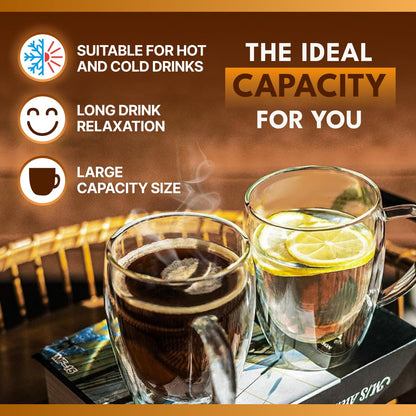 Mandorra Double Walled Glass Coffee Mugs, Double Wall Latte Mugs, set of 2 Cappuccino Cups, Clear Espresso Cups, Insulated Glass Mugs With Handle, 12 Oz,Thermos Cup