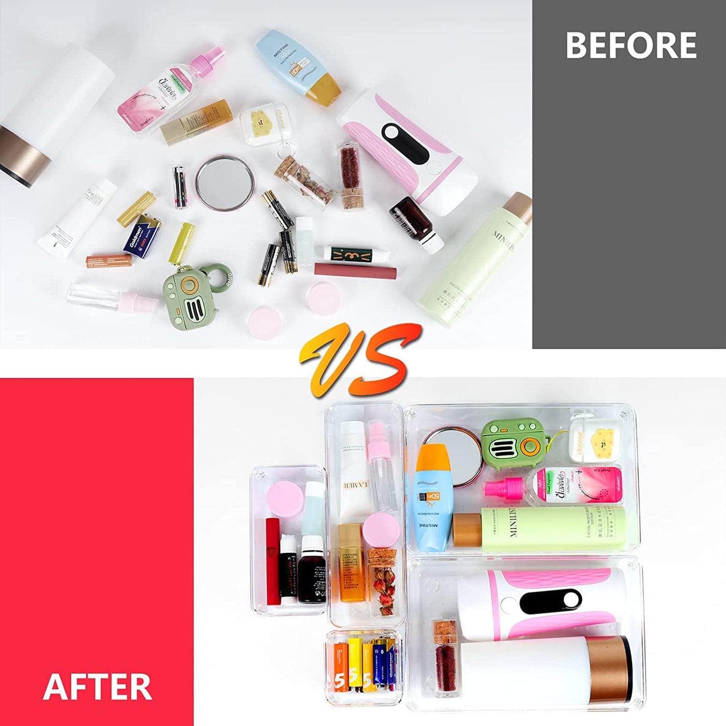 25 Pcs Desk Drawer Organizer Trays, Clear Plastic Storage Boxes Bins, Desk Versatile Tidy Divider, Make-Up Organiser Boxes with 5 Size for Bedroom Office Kitchen