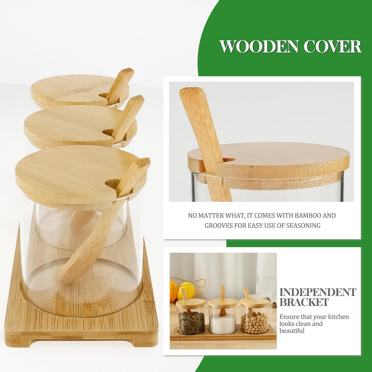 10.2 oz Condiments Container Seasoning Jars, Clear Glass Condiment Pot Set with Lids and Spoons, Tea Coffee Sugar Canisters Glass Spice Box, Refillable Seasoning Pot Bowl for Kitchen, Counter