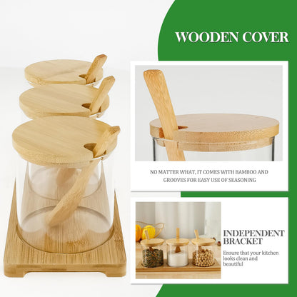 10.2 oz Condiments Container Seasoning Jars, Clear Glass Condiment Pot Set with Lids and Spoons, Tea Coffee Sugar Canisters Glass Spice Box, Refillable Seasoning Pot Bowl for Kitchen, Counter