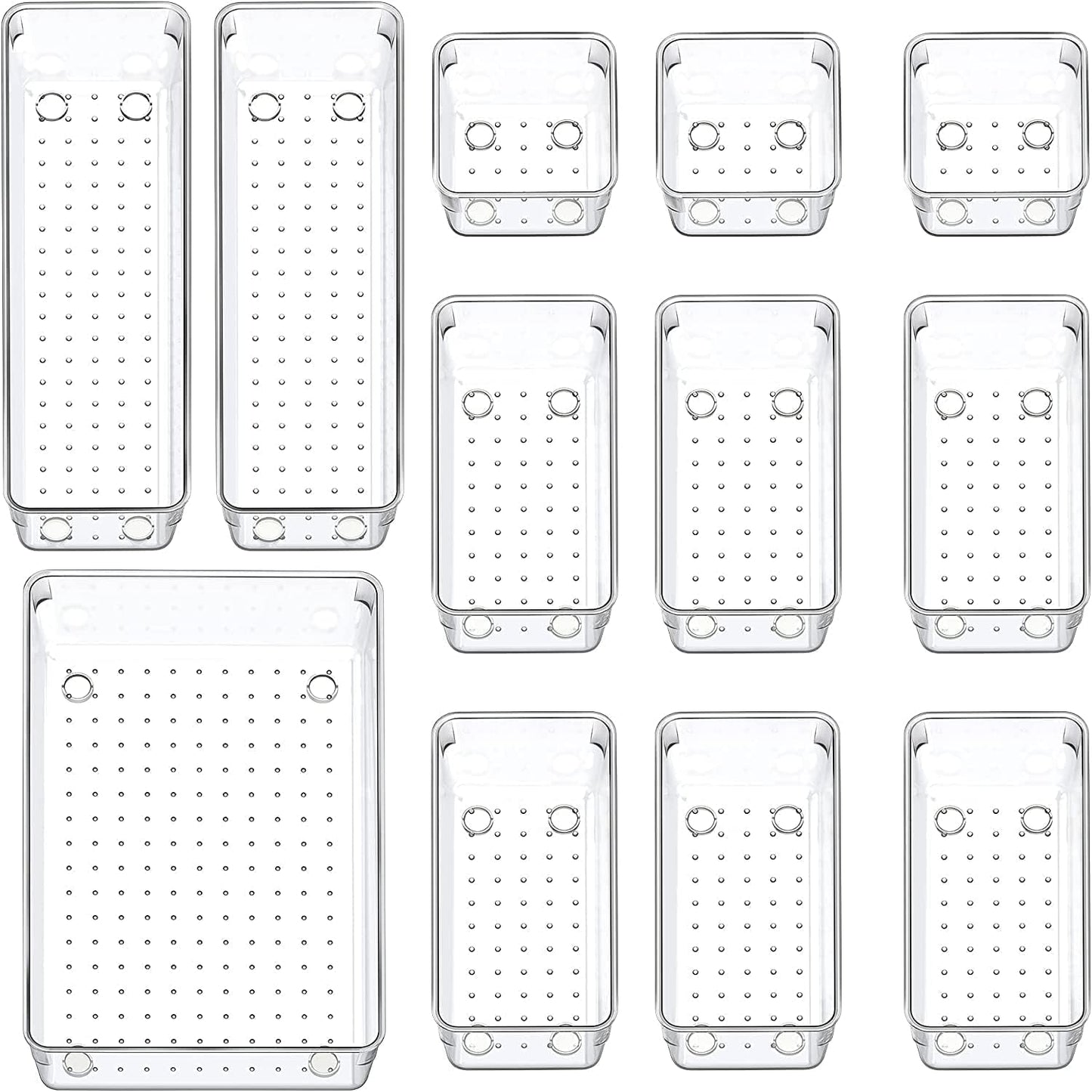 Kienlix Desk Drawer Organizer Trays Various Size Bathroom Organizer Storage Tray for Makeup, Jewelries, Utensils, Bedroom Dresser, Office and Kitchen (12 pc)