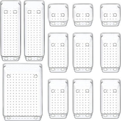 Kienlix Desk Drawer Organizer Trays Various Size Bathroom Organizer Storage Tray for Makeup, Jewelries, Utensils, Bedroom Dresser, Office and Kitchen (12 pc)