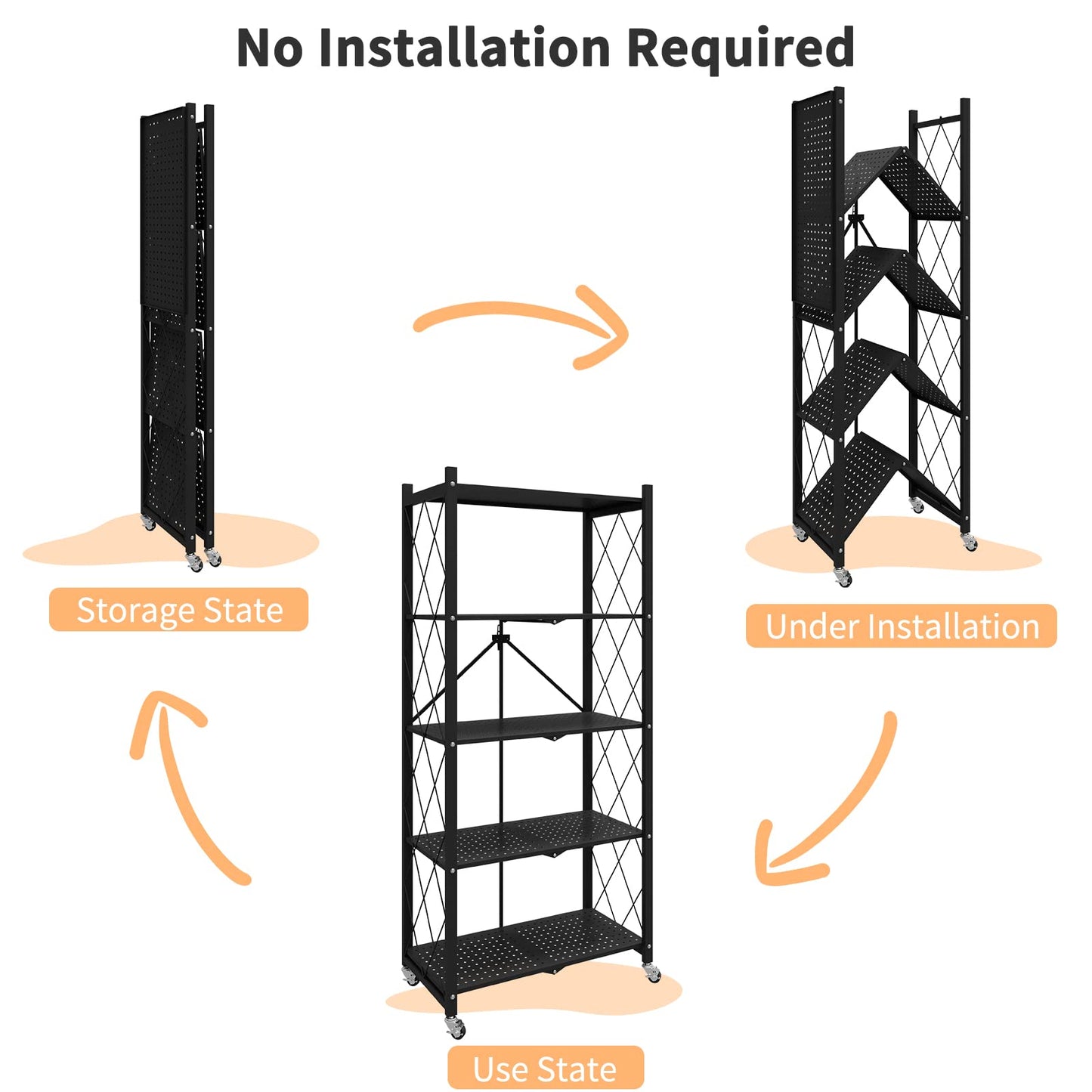 WHIFEA 5 Tier Foldable No Assembly Storage Shelves with Wheels 28.3’’15’’63.2’’ Free Standing Metal Wire Rack Heavy Duty Pantry Collapsible Organizer for Kitchen Bedroom Bathroom Office Black