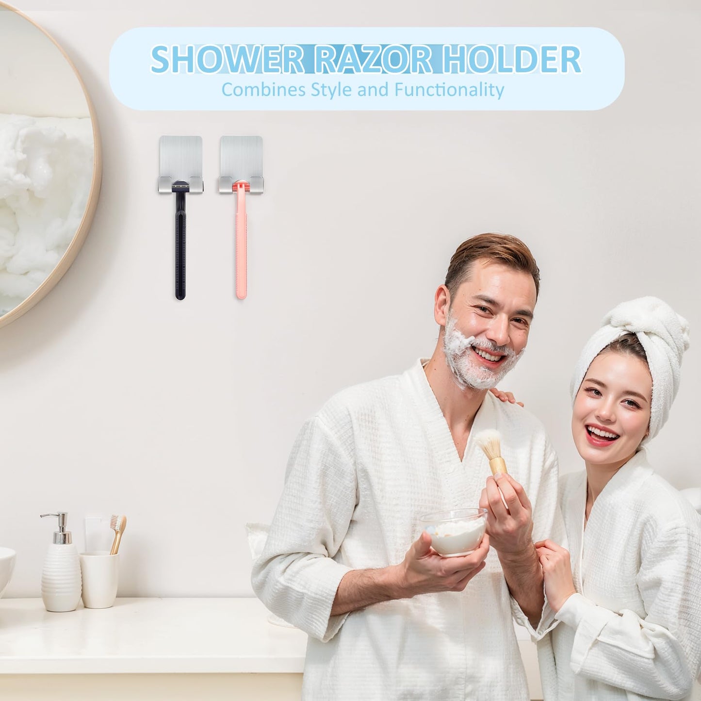 Clear Acrylic Adhesive Razor Holder Hooks 2 Pack, Waterproof His and Hers Shower Wall Organizer, Modern, For Bathroom and Bathtub Organization