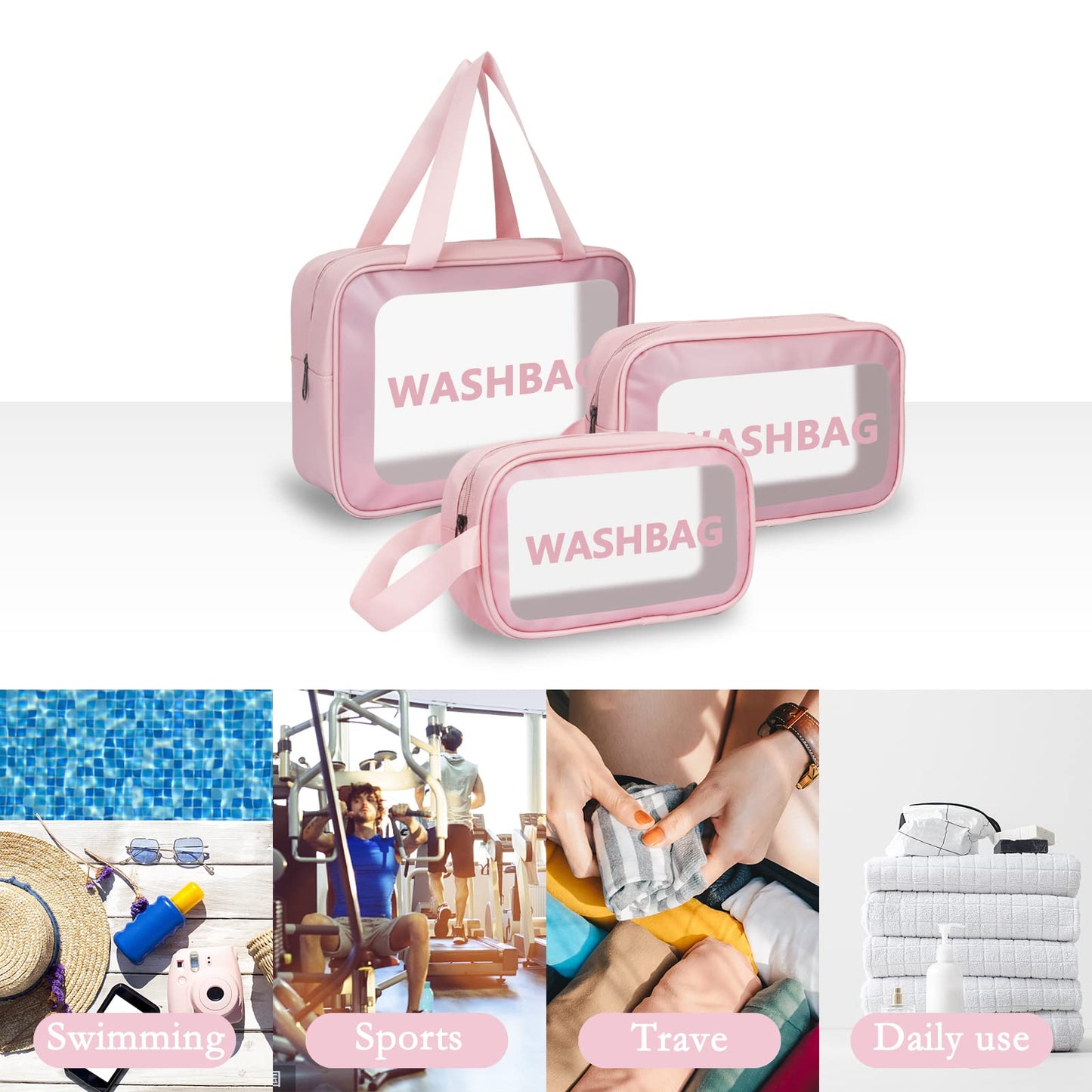 3 Pieces Toiletry Bag for Women and Men, Matte Translucent Makeup Cosmetic Bag with Handy Handle, Water - Resistant Travel Organizer for Accessories (Pink)