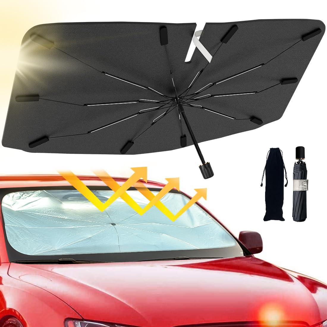 Jasvic car windshield sun shade umbrella - foldable car umbrella sunshade cover uv block car front window (heat insulation protection) for auto windshield covers trucks cars (large)