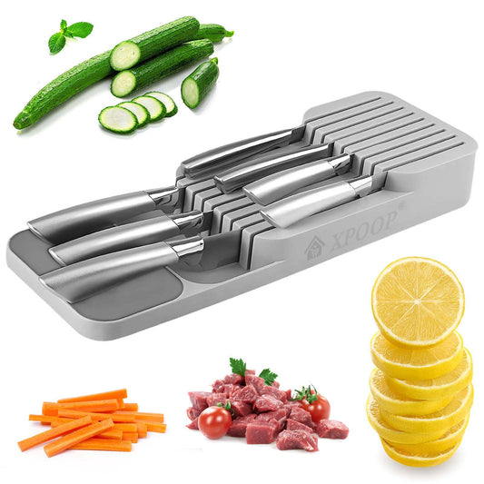 XPOOP Knife Block Tray, Detachable Horizontal Knife Block, Two Stage Knife Organizer with Slots, Double Layer Knife Holder, for Most Standard Kitchen Drawers, Grey