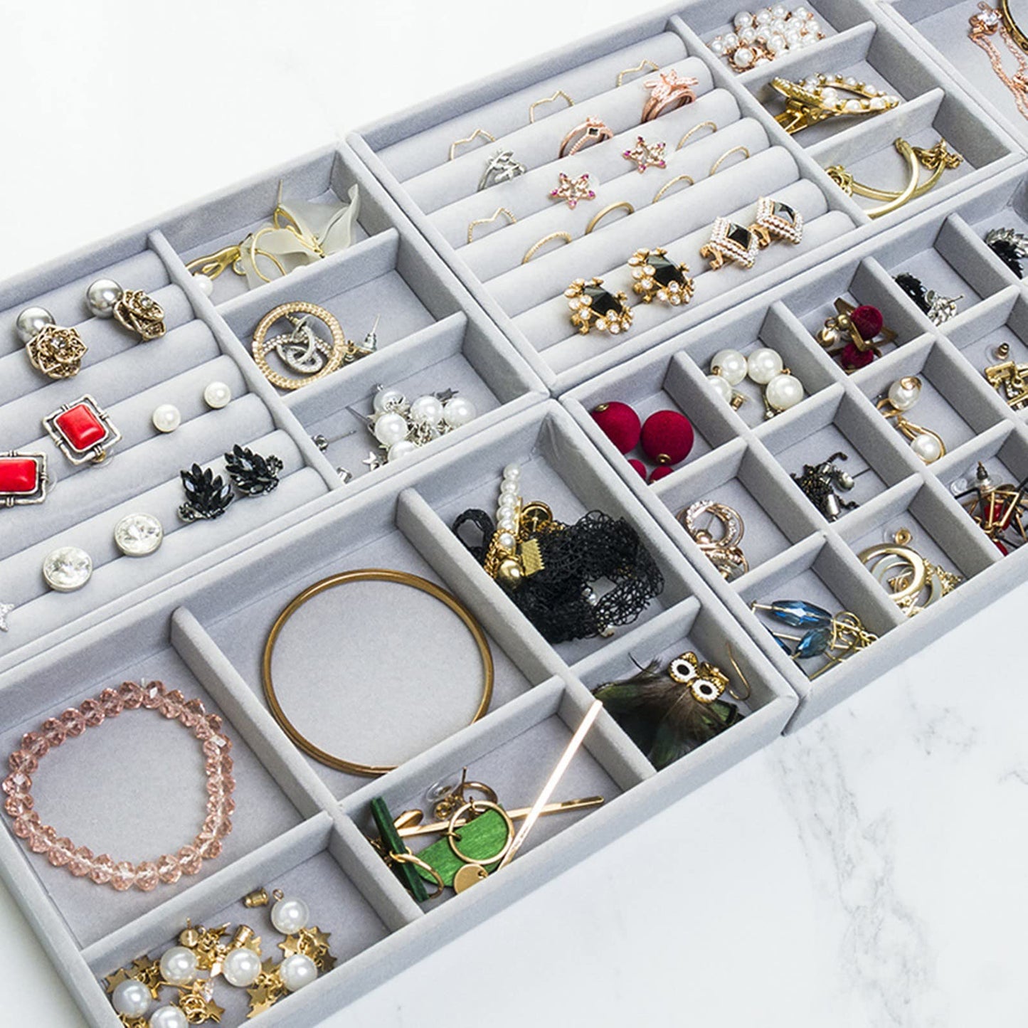 Velvet Jewelry Trays Organizer, Stackable Jewelry Storage Display Trays for Drawer Earring Necklace Bracelet Ring Organizer, Set of 4