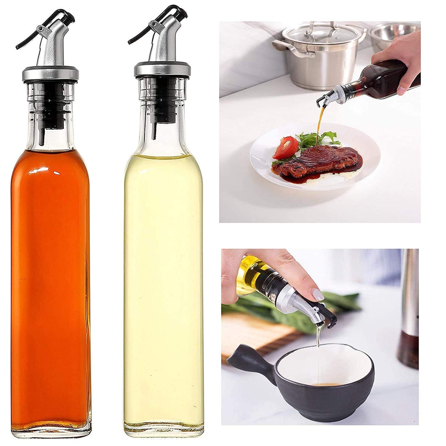 Oil and Vinegar Dispenser Bottle, Leak Proof with Stainless Steel Stopper, 500ml Clear Glass Bottle, Set of 2 - Perfect for Home and Restaurant