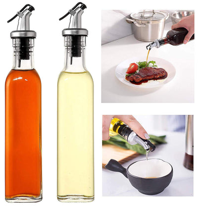 Oil and Vinegar Dispenser Bottle, Leak Proof with Stainless Steel Stopper, 500ml Clear Glass Bottle, Set of 2 - Perfect for Home and Restaurant