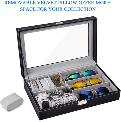 Entraxa Watch and Sunglasses Jewelry box, 6 Watch Box Jewelry Case and 3 Slots Sunglasses Organizer, PU Leather Eyeglass case Watch and Sunglasses Box for Men Women, Black