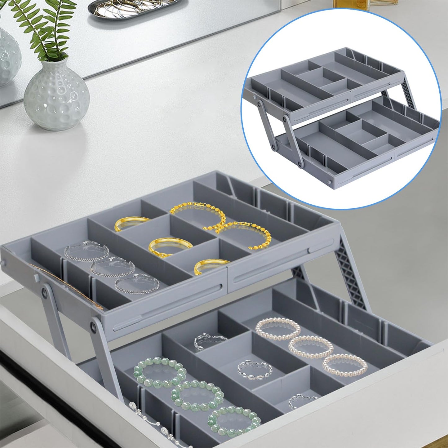 2 Tier Drawer Organiser,Smart Drawer Organizer Multi Level,Folding Shallow Drawer Organizers,Adjustable Expandable Drawer Organizer Trays For Office Gadgets,Makeup,Vanity, Jewelry,Cutlery(Single Row)