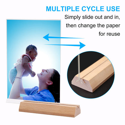 A5 Menu Card Holder, 6-Pack Clear Acrylic T-Stand with Wooden Base, Double-Sided Display Stand for Menus, Flyers, Documents and Signage, For Restaurants, Cafés, and Office Desks, Clear