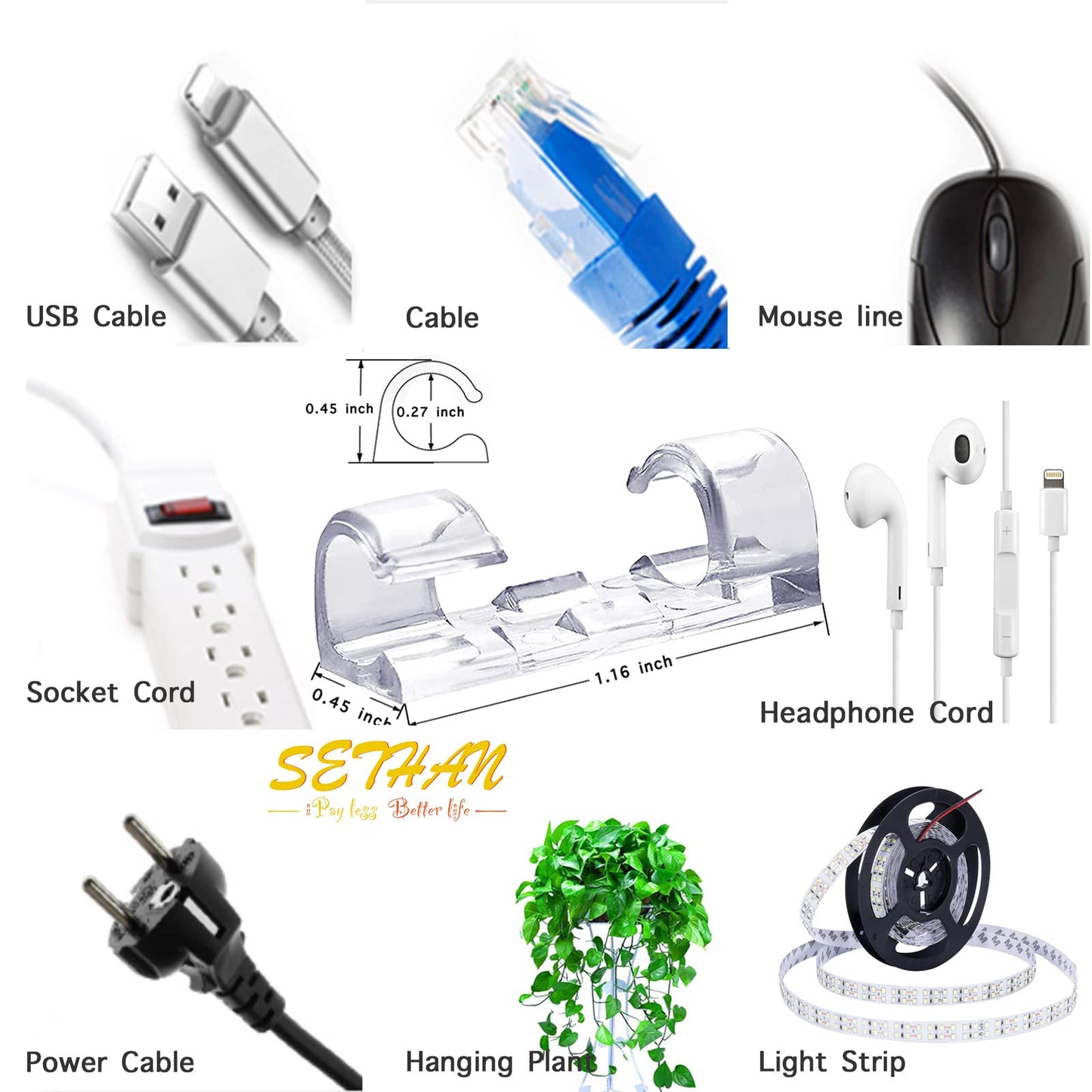 SETHAN Cable Clips, 40Pcs Self-Adhesive Wire Clips, Durable Multifunctional Cord Holder Wire Organizer, Premium Sticky Acrylic Adhesiver Cord Clips for Home Office Car TV PC Laptop Desktop Management