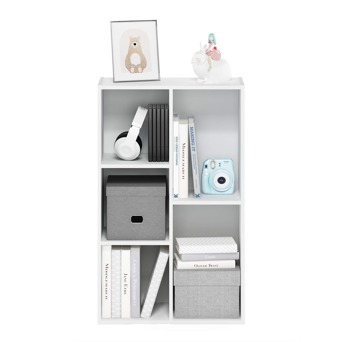 5-Tier Narrow Vertical Wall Unit, Tall Column Floating Storage Organizer and Utility Shelf for Bedroom or Living Room, Space-Saving Design in a White Laminate Finish