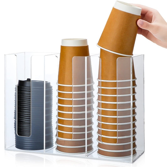 3-Compartment Acrylic Coffee Cup Dispenser Organizer, 24 x 32 x 10.5 cm, Cup and Lid Holder for Disposable Cups, Coffee Shop and Office Supplies, Wall Mountable or Countertop Storage