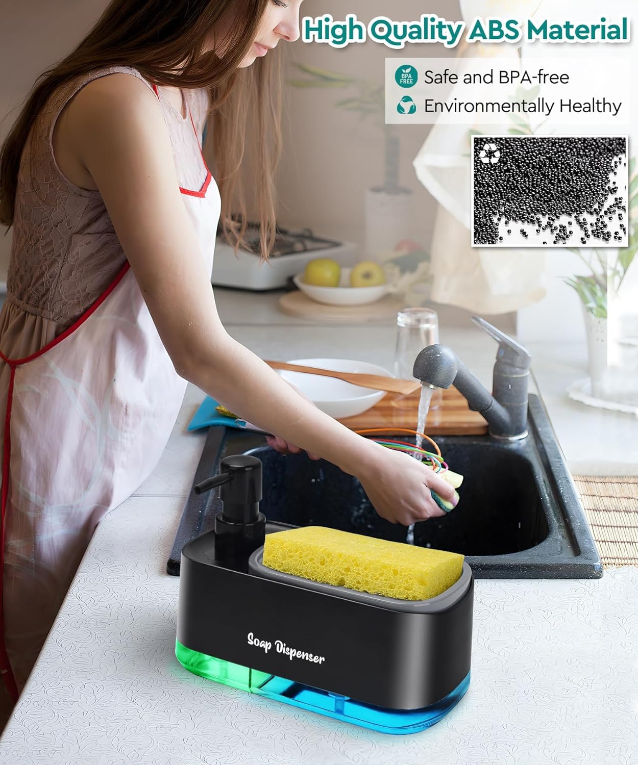 MeRaYo Soap Dispenser for Kitchen Handwash Dispenser & Dish Wash Dispenser Liquid Soap Dispenser for Kitchen Sink with Sponge Holder, Black