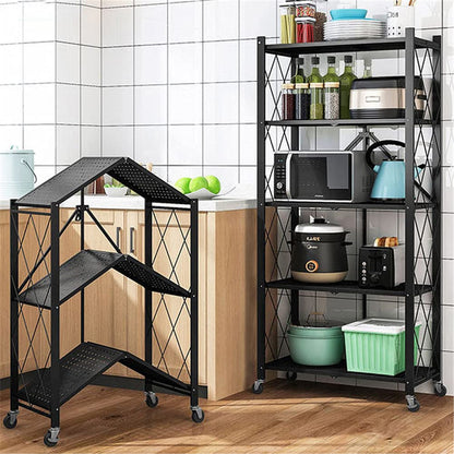 Metal Organizers Rolling Cart Display Wire Rack Shelf,5-Tier Foldable Storage Shelving Unit,with Wheels Freestanding Book Shelf Folding Storage Rack Unit, for Garage Bedroom Kitchen and Pantry