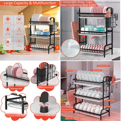 NQV 3 Tier Dish Drying Stand Large Dish Rack for Plates Cups Bowls Utensils Cutting Board and Cutlery Metal Dish Drying Rack with Spray Paint Durable Dish Rack with 3 Removable Water Trays