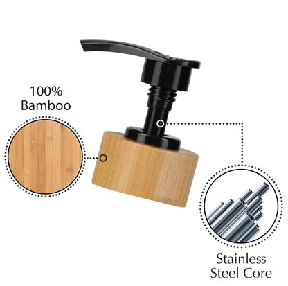 Emerson Soap Dispensers with Stainless Steel Pumps + 100% Bamboo Wood Tray | Kitchen Sink Dish Soap and Bathroom Hand Wash Glass Bottles Set | Waterproof | 16 Oz | Set of 2 (Wht/Blk/Bamboo Black)