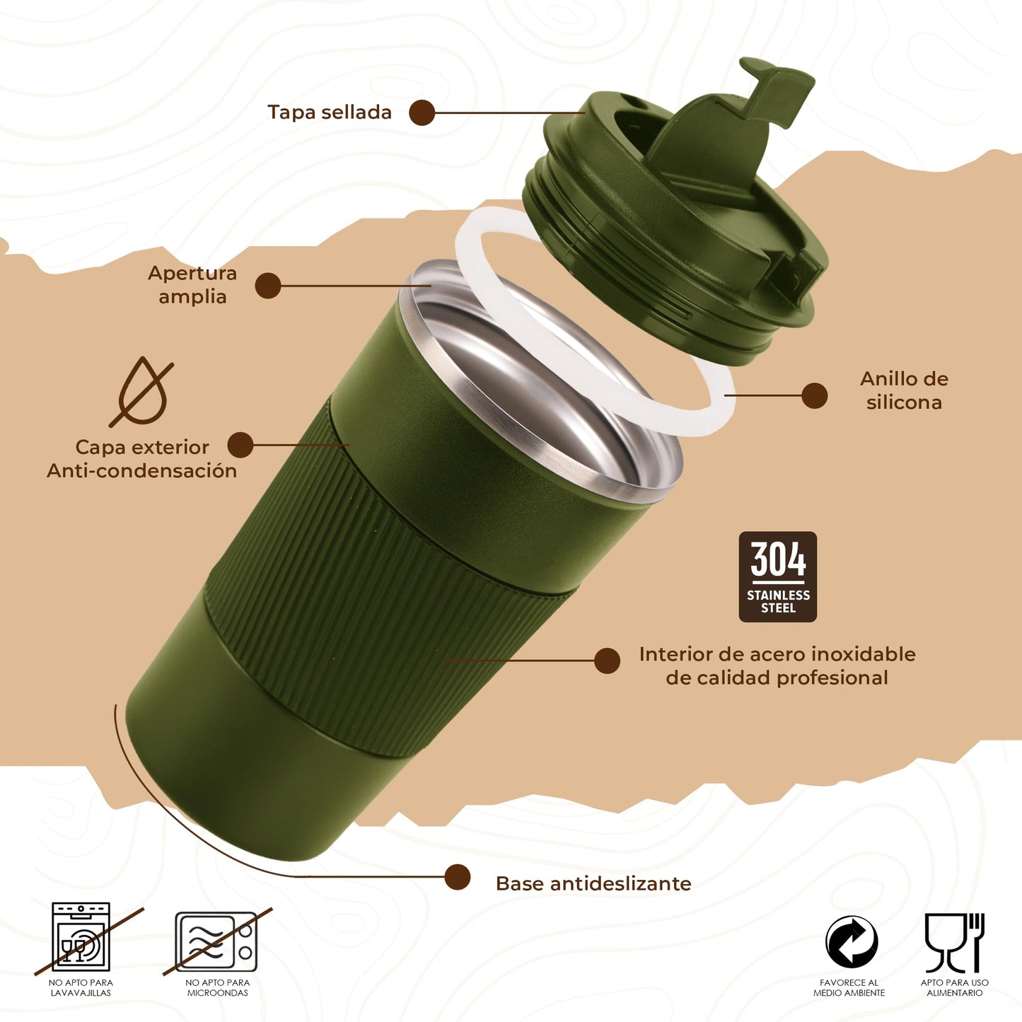 Smarthers Thermos Café or Tea - Thermos Coffee Cup to Go, Thermal Tumbler with Cold and Heat Maintenance 4-6 Hrs, Stainless Steel Thermal Cup BPA Free, Coffee Cup to Go, Durable Thermal Tumbler