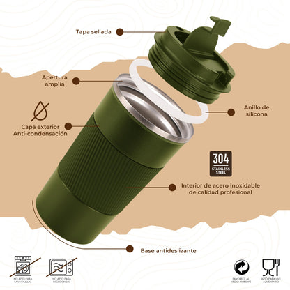 Smarthers Thermos Café or Tea - Thermos Coffee Cup to Go, Thermal Tumbler with Cold and Heat Maintenance 4-6 Hrs, Stainless Steel Thermal Cup BPA Free, Coffee Cup to Go, Durable Thermal Tumbler