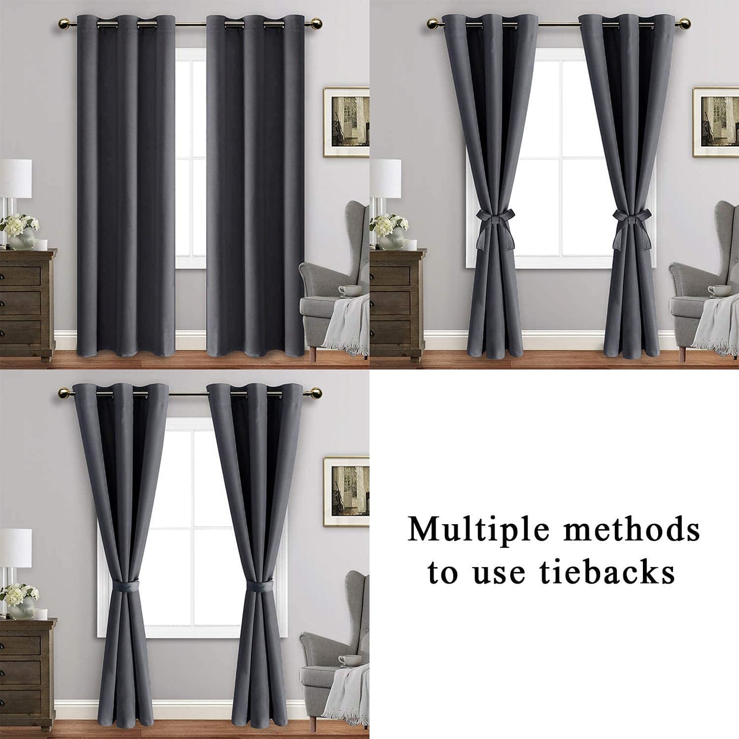 Blackout Curtains with Tiebacks - Thermal Insulated, Light Blocking and Noise Reducing Grommet Curtain Drapes for Bedroom and Living Room, Set of 2 Panels,