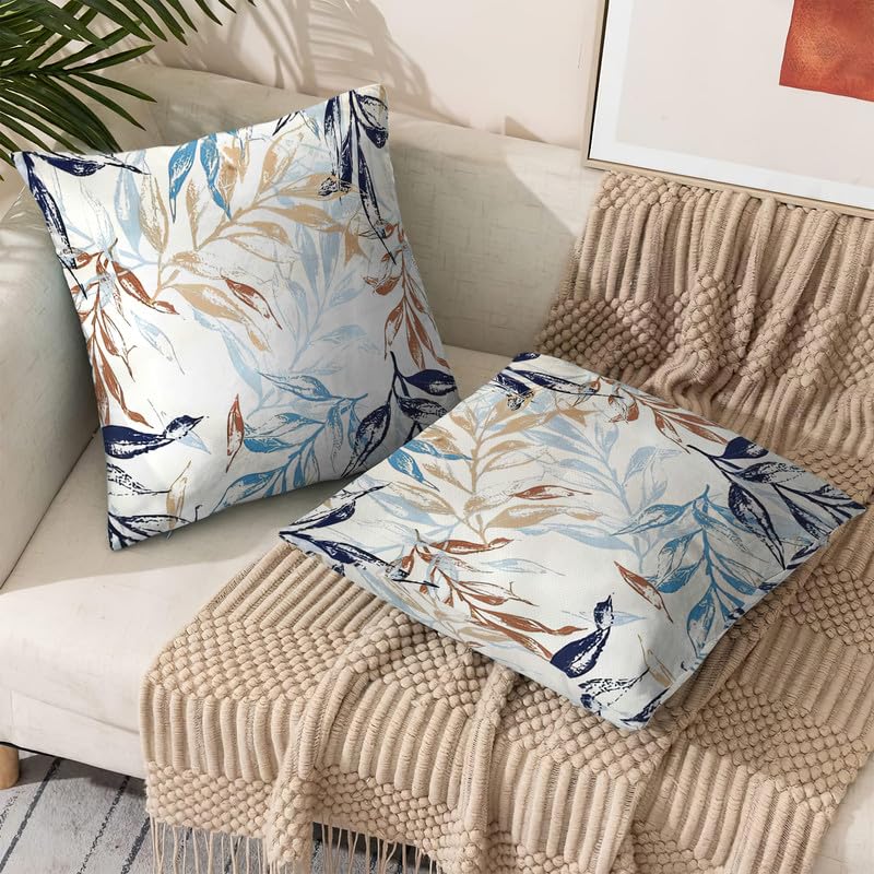 INtex CURTAINS HOUSE Printed Linen Velvet Cushion Covers, Throw Pillow Covers, Leaves Pattern Decorative Pillow Covers, Set of 2 Pieces Cafe x Brown 30W x 30L CM