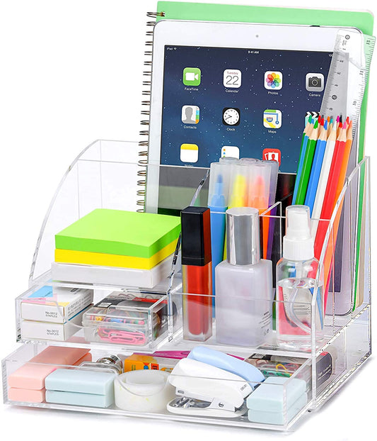 Acrylic Desk Organizer with 2 Drawers, Clear 5-Compartment Pen Holder and File Sorter, All-in-One Office Supplies Storage for Dorm, Home, and School, Desktop Caddy