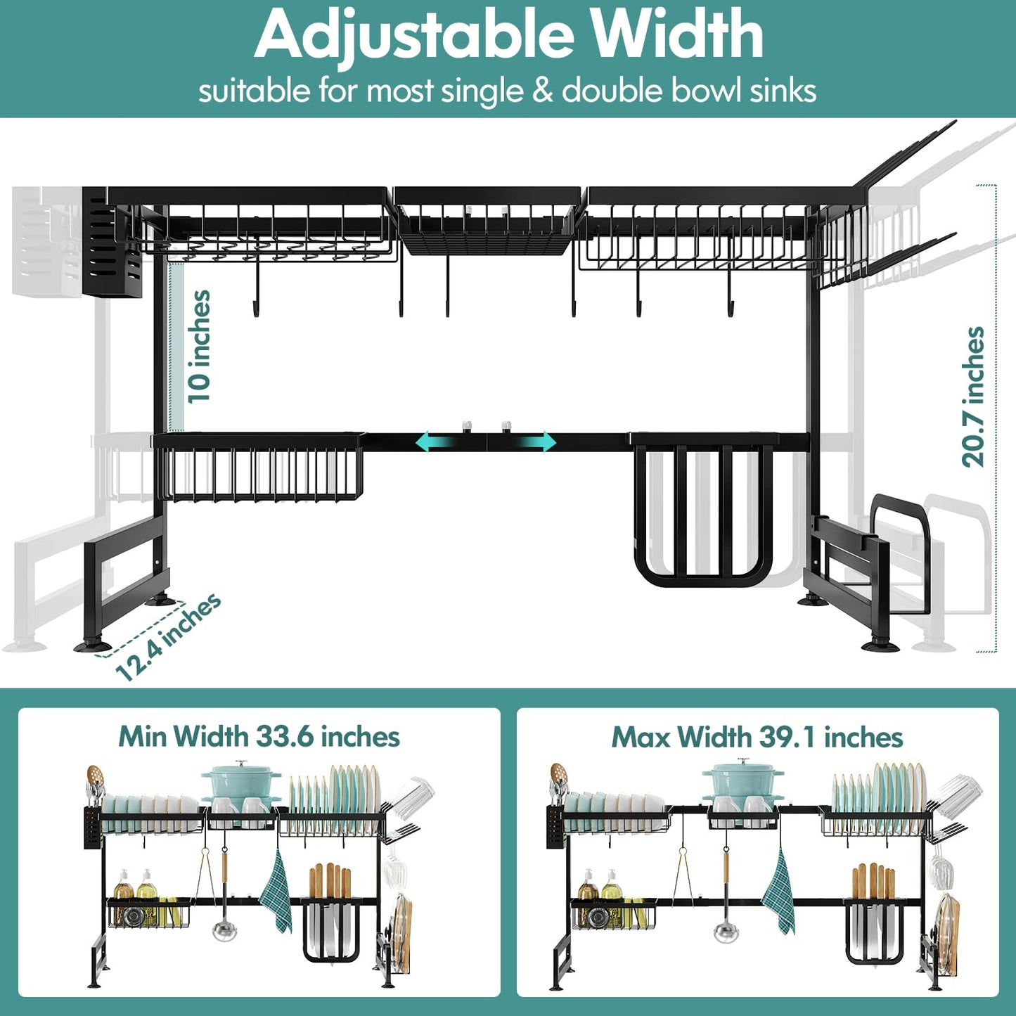 MAJALiS Dish Drying Rack in Sink, Small Dish Drainers for Kitchen Sinks, Expandable Over The Sink Dish Racks with Utensil Holder, Stainless Steel Plates Drying Rack, Black