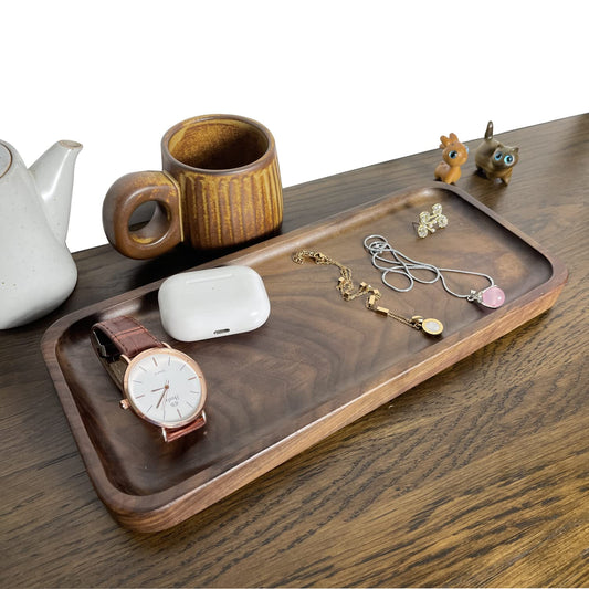 Solid Wood Serving Tray, Rectangular 30x13cm Platter for Bathroom, Tea, Coffee, Snacks or Dinner Use, Rustic Wooden Display Tray for Home, Vanity, Spa or Kitchen Countertop - Brown