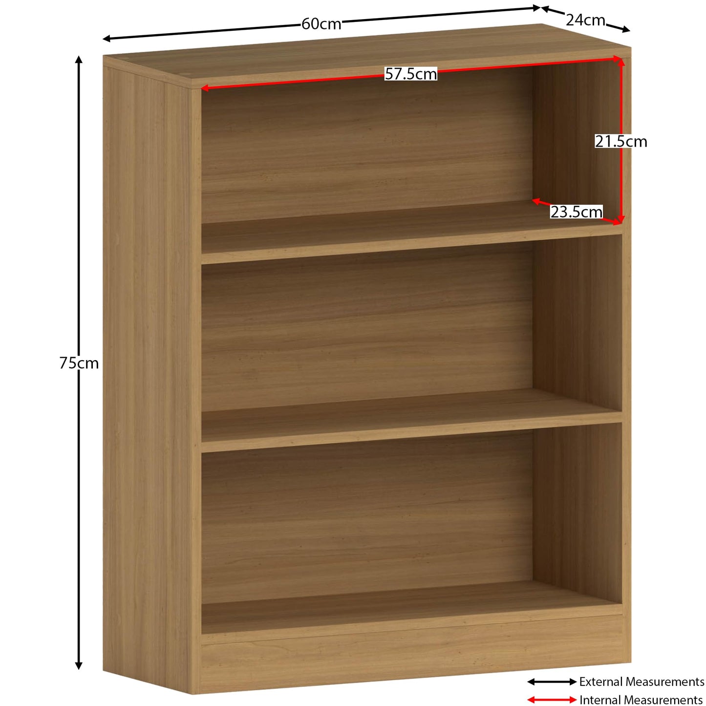 3 Tier Low Bookcase, Oak Finish Wooden Shelving Display Unit, Modern Office and Living Room Furniture, Wide and Compact Bookshelf, Elegant Design