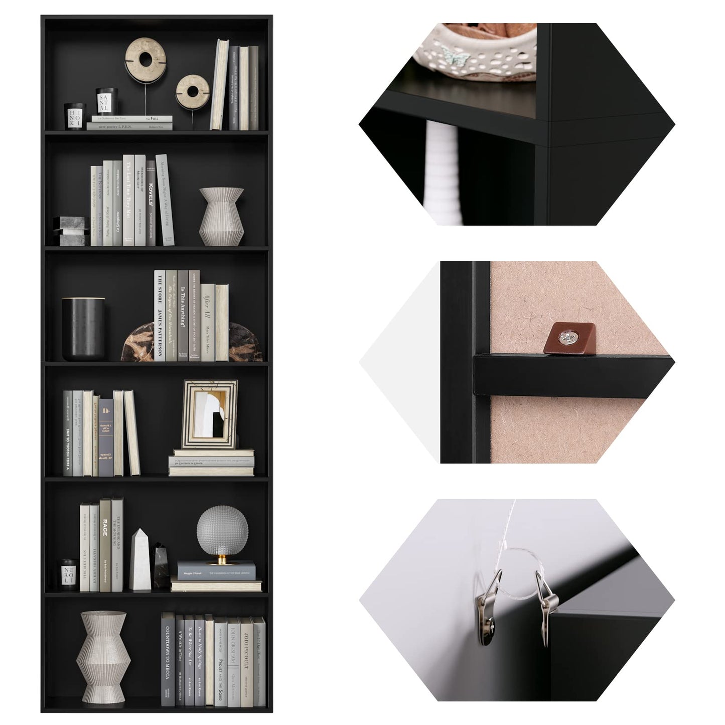 Bookcase 6 Tiers in Black, 60x23.5x180cm, Tall Bookshelf Display Shelf, Freestanding Wooden Storage Unit for Living Room, Bedroom, Office, Modern Vertical Shelf