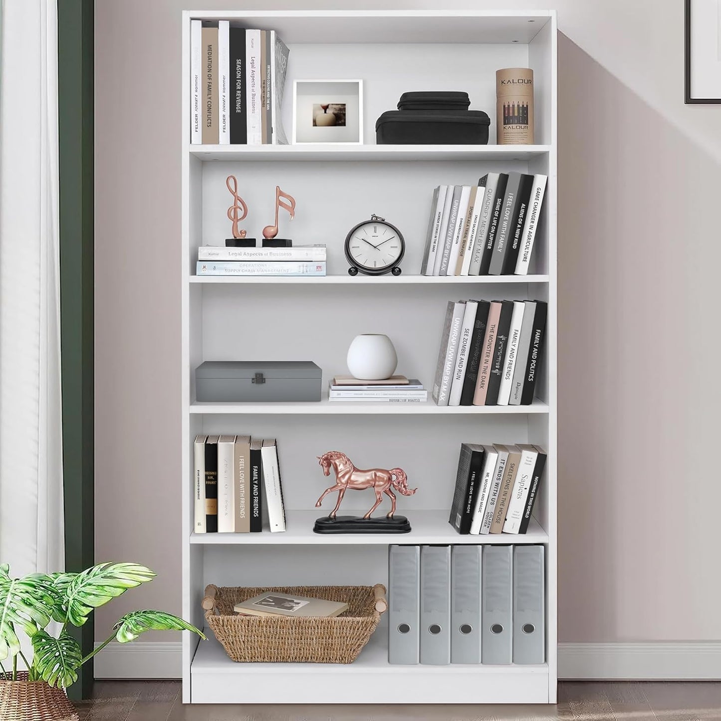 Ergonomic 5-Tier Geometric Wood Bookshelf in White, 1.6m Tall Multipurpose Home Library Organizer, Open Storage for Bedroom, Living Room, Study (L80cm x D30cm x H160cm)