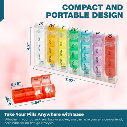 Weekly Pill Organizer - 7 Day Pill Box with 4 Compartments Per Day, Portable Medication Planner for Pills, Vitamins, Supplements, Easy-to-Use Design, Travel Friendly