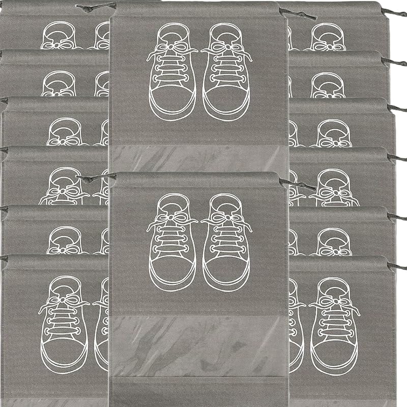 حقائب تخزين أحذية كبيرة، حقائب أحذية مقاومة للغبار برباط مع نافذة شفافة، منظم سفر مقاوم للماء، حقائب أحذية محمولة - رمادي