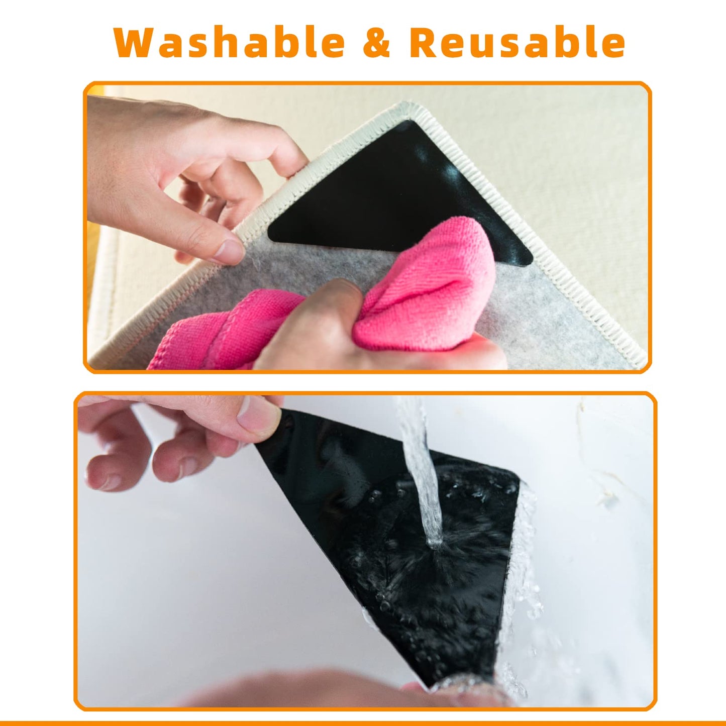 Carpet Tape, 8 Pcs Non Slip Rug Tape for Hardwood Floors and Tiles, Reusable and Washable Rug Pad Gripper for Area Rugs, Dual Sided Adhesive Rug Stopper Keep Corners Flat