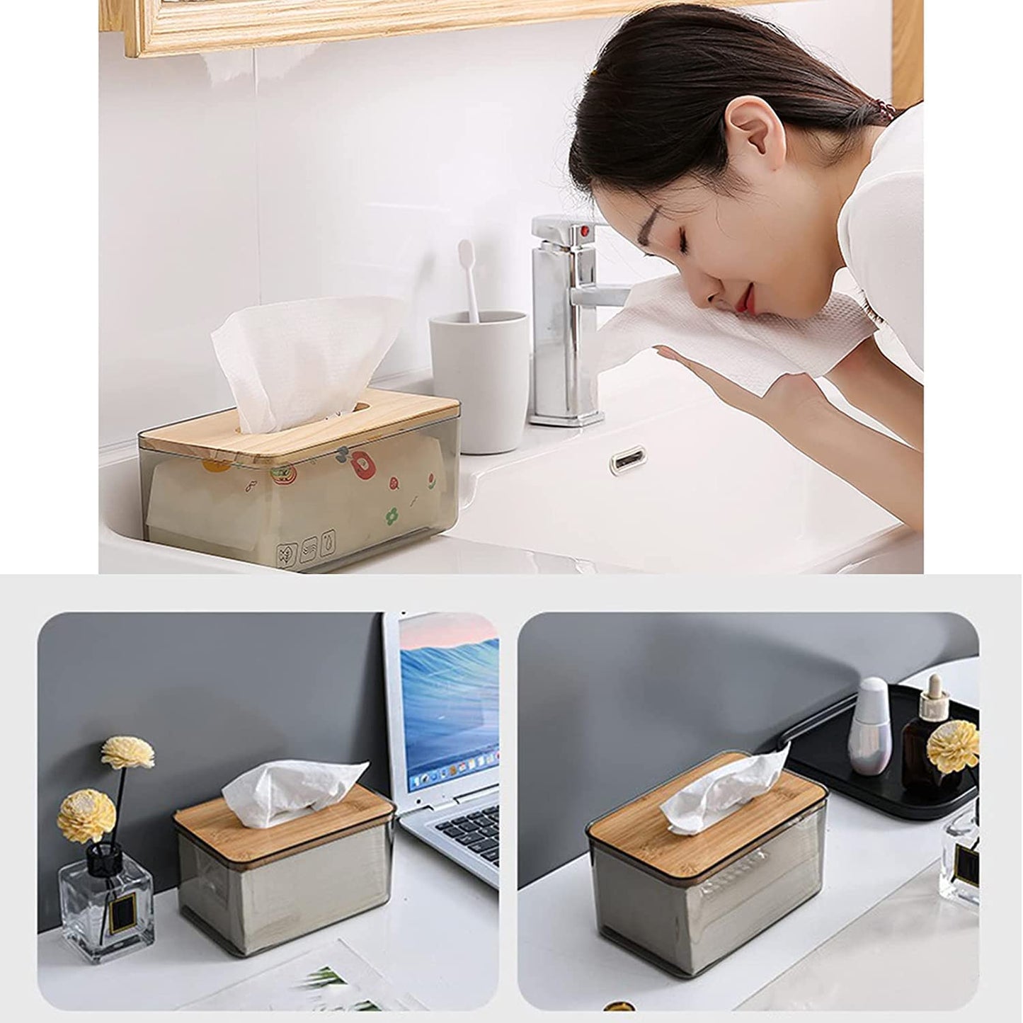 ECVV Acrylic Clear Rectangle Nordic Creative Facial Tissue Wipes Holder Dispenser Box Dryer Sheet Wet Toilet Paper Tray Container Restaurant Napkin Storage Case Transparent With Bamboo Cover