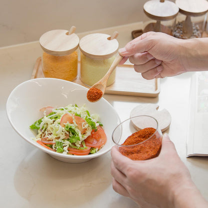 LOCDION 3 PCS Condiment Pots Set,Decorative Storage Seasoning Glass Container Box with Wood Spoon Lid and Base for Home Kitchen café Storing Salt Sugar Pepper Spice(Rubber Wood)