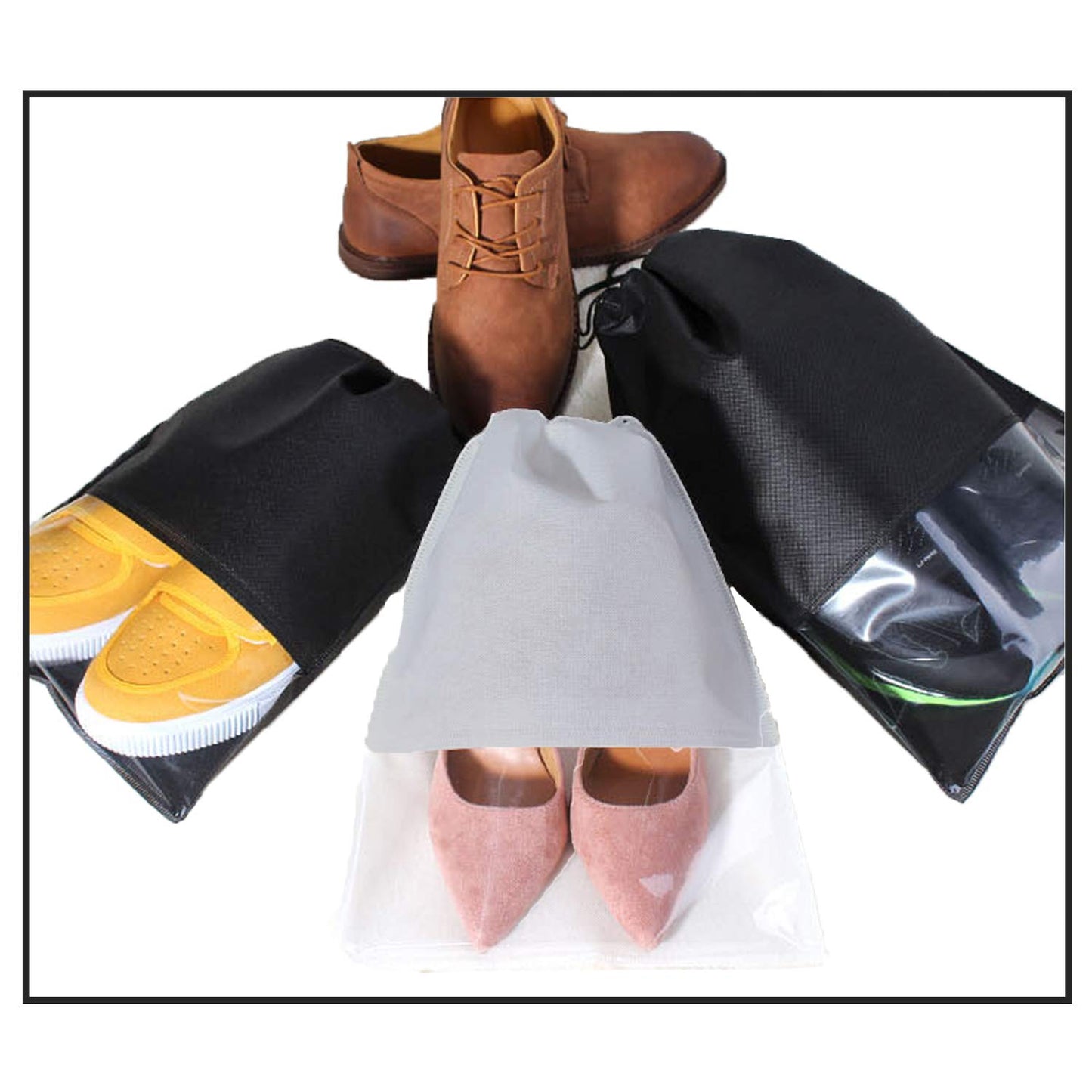 DWTECH 15 Pieces Travel Shoe Bag for Men and Women, Large Non-Woven Drawstring Shoes Storage Bags with Transparent Slot for Ladys, Black, 44cm x 32 cm/ 17.3 inch x 12.6 inch