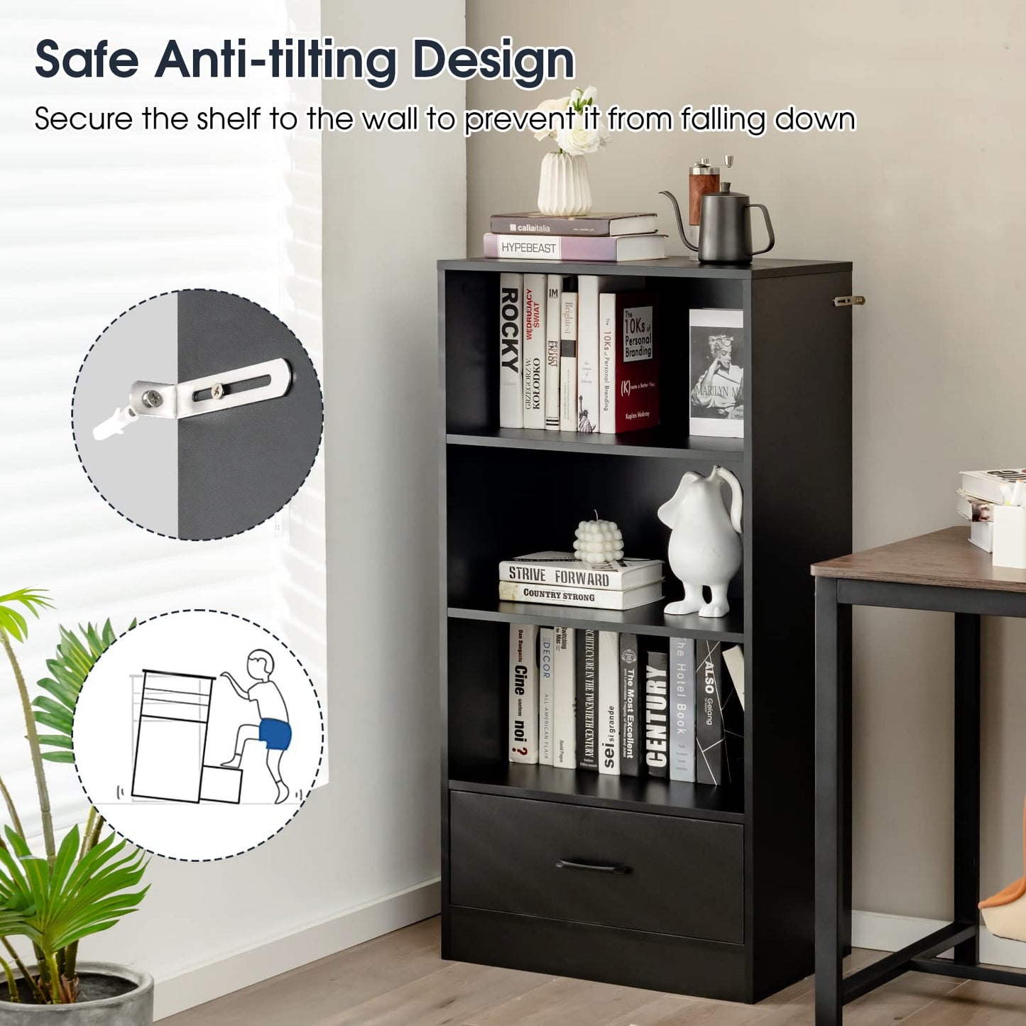 Wooden Bookcase with Drawer, Freestanding Storage Bookshelf Cabinet with 3-Tier Open Shelves, Display Rack Shelving Unit for Living Room or Office (Black)