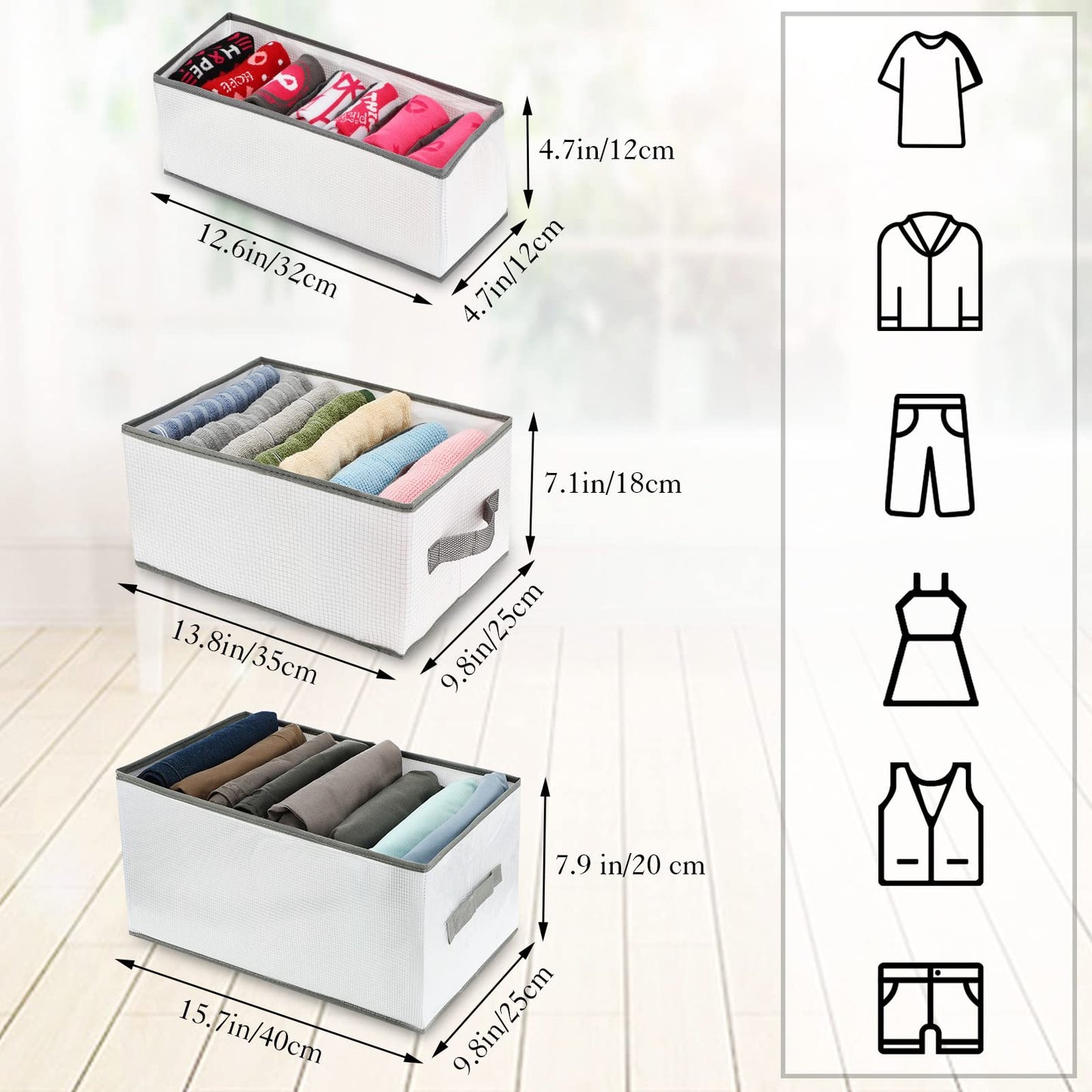 Fumete 6 Pcs Foldable Wardrobe Clothes Organizer Plastic Hard PP Plate Jeans Organizer for Closet with Handle Drawer Organizers for Clothing Pants Coats Underwear (L 7 Grids)
