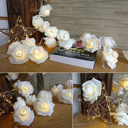 Rose Branch (20 LED Bulbs) Battery - 3 Meters - Warm Warm Rose - White Rose - Suitable for Decoration, Party, Home Decor