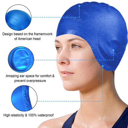 LEDEAK Swimming Pool Cap with 3D Ear Protection, Waterproof Silicone Swimming Cap, Swimming Cap for Men Women Long and Short Hair (Blue)